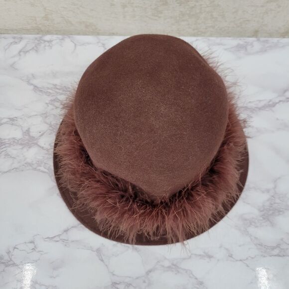 Arlington Hat Co Wool Chocolate Brown With feather band Bucket Hat Church Felt - Picture 7 of 16